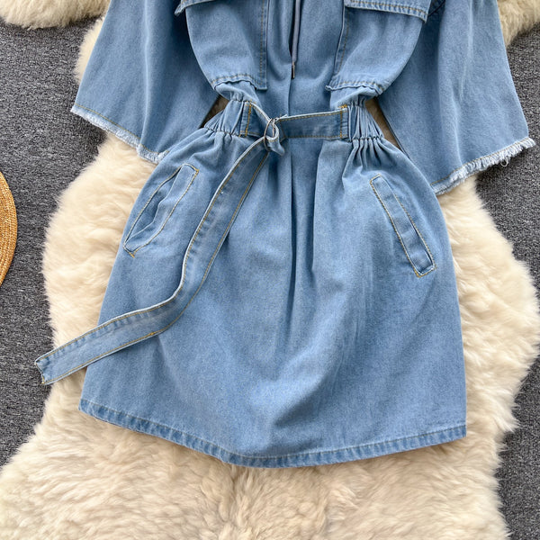 Chic Lace-up Hooded Denim Dress