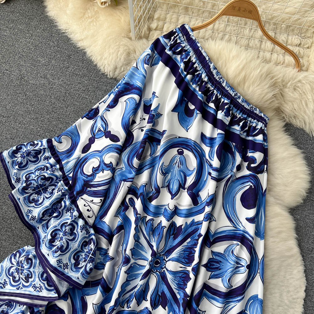 Irregular Celadon Printed One-shoulder Dress