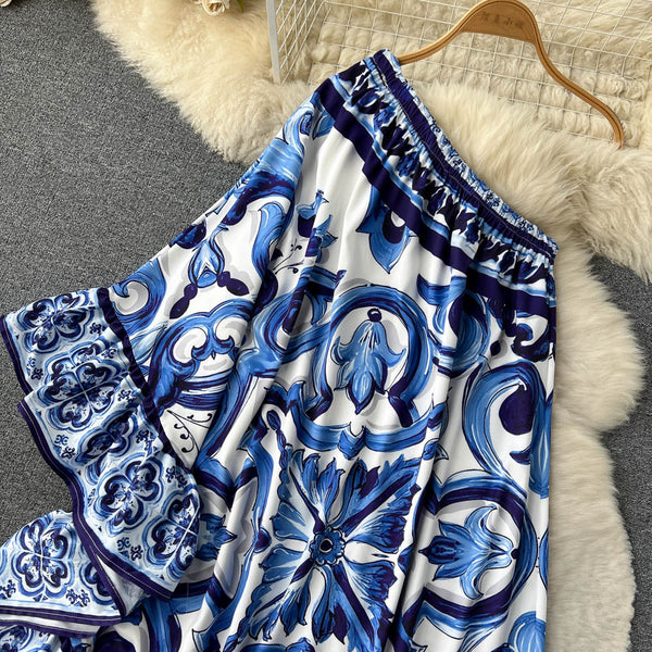 Irregular Celadon Printed One-shoulder Dress