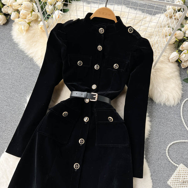 Vintage Single-breasted Black Velvet Dress