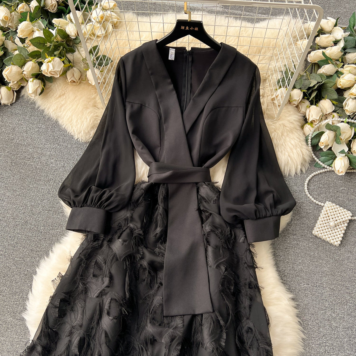 Faux Two-pieces Patchwork Black Dress