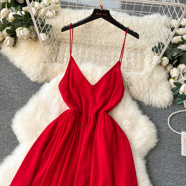 V-neck Backless Red Slip Dress