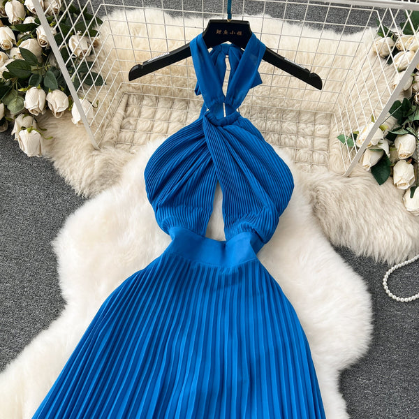 Asymmetric Pleated Blue Halter Dress
