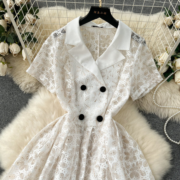 Suit Collar Double-breasted Lace Dress