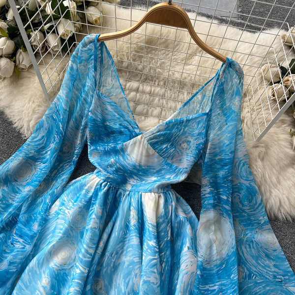 Backless Floral V-neck Puffy Dress