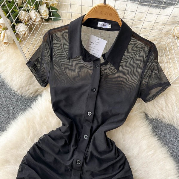 Turtleneck Mesh Dress&Bottom Bustier 2Pcs