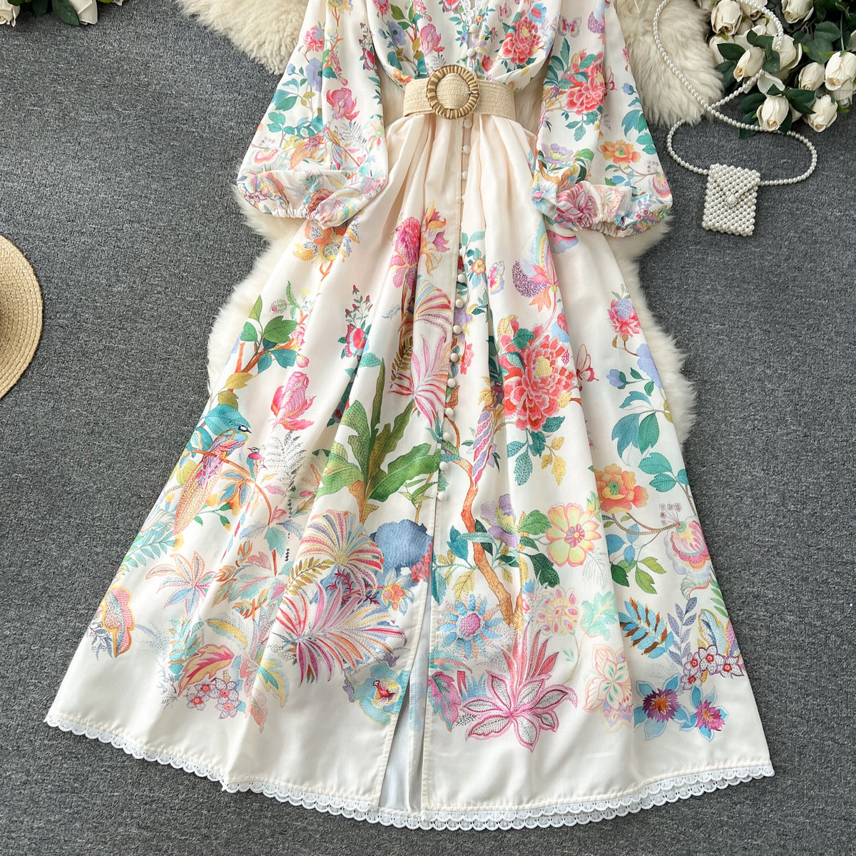 Sweetie V-neck Single-breasted Floral Dress