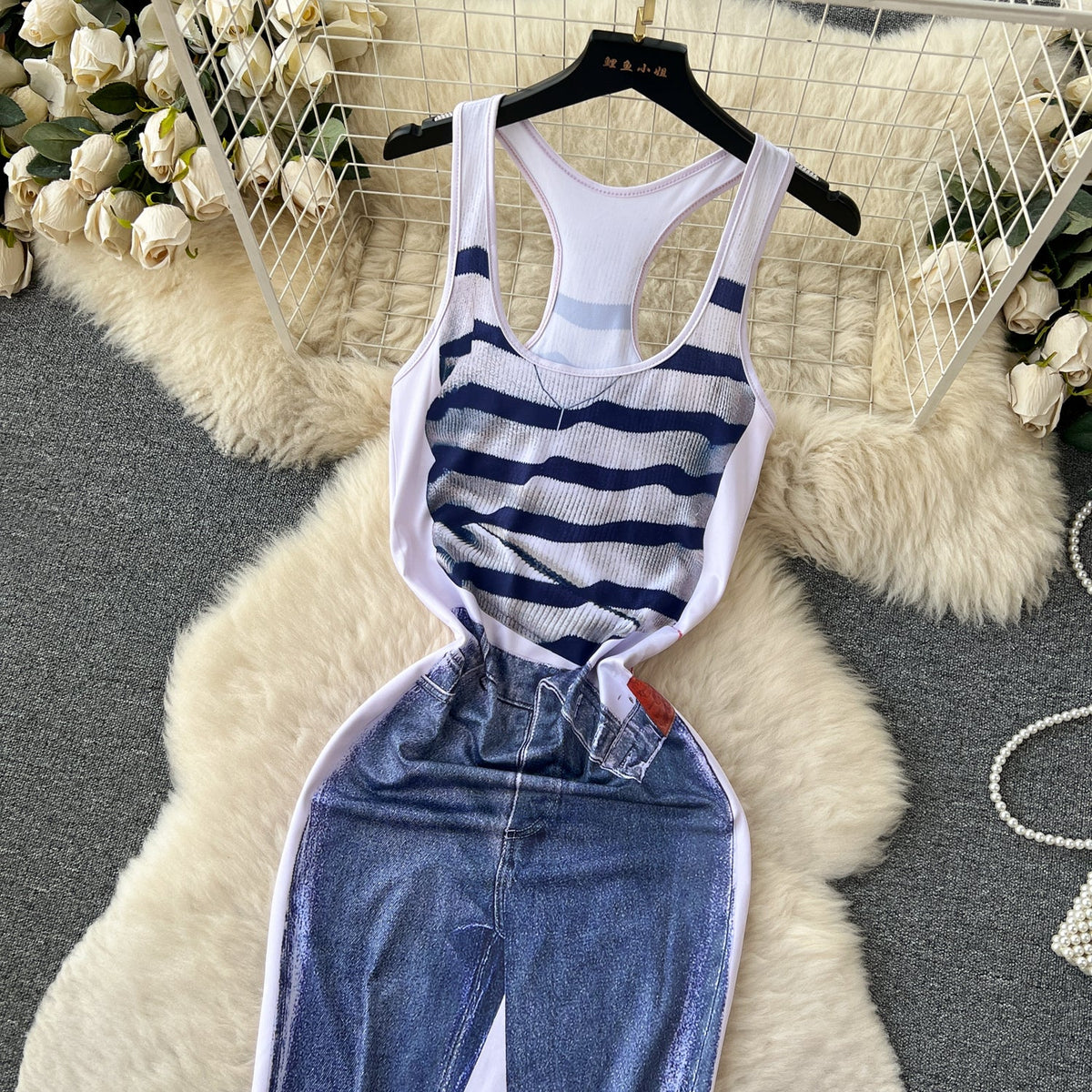 Sleeveless Printed Patchwork Denim Dress