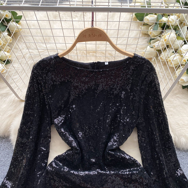 Fringed Cuff Sequined Black Dress