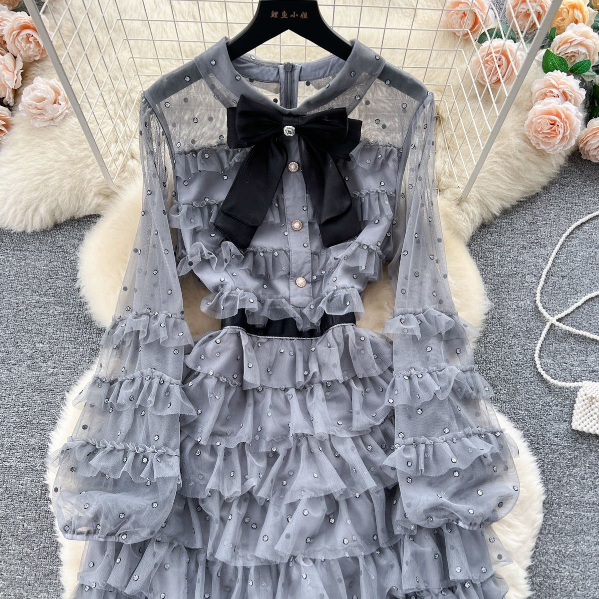 Bow-tie Beaded Layered Mesh Dress