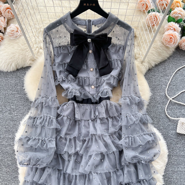 Bow-tie Beaded Layered Mesh Dress