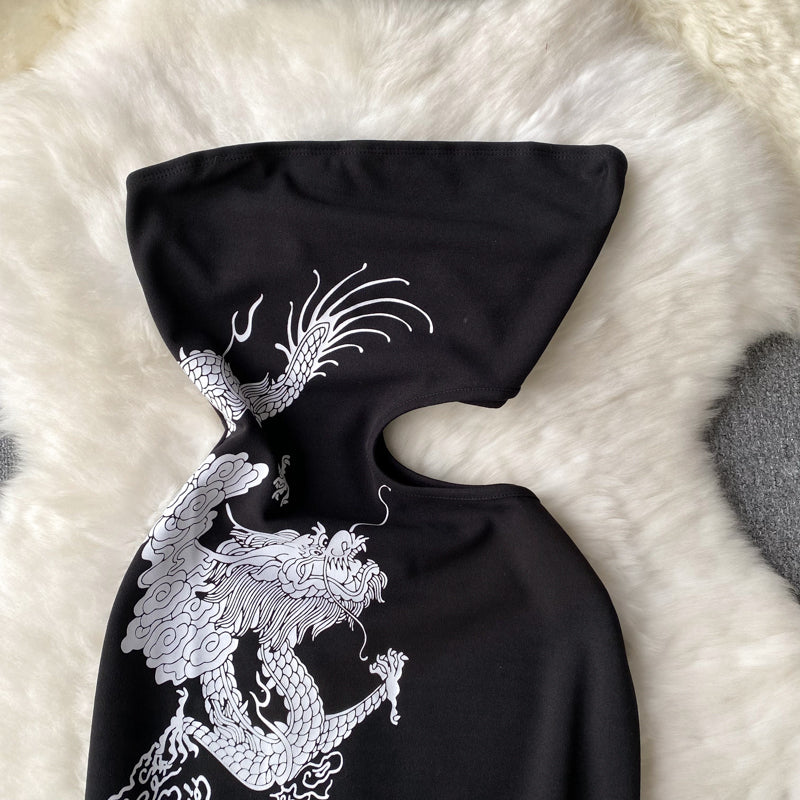 Cheongsam Off-shoulder Printed Hollowed Dress