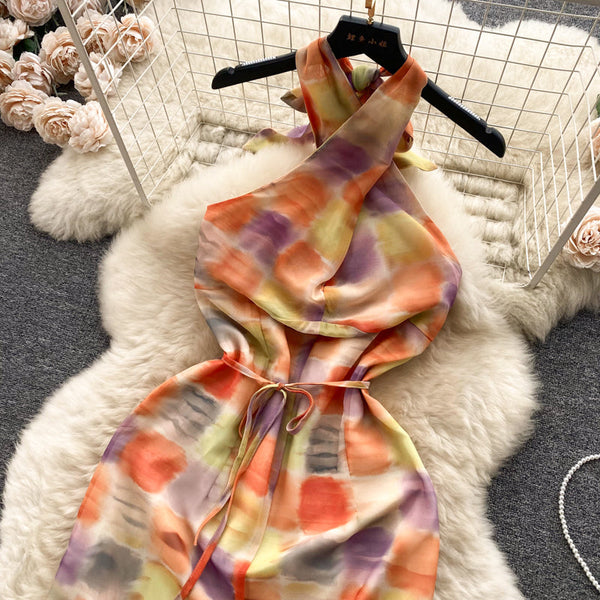 Niche Colorful Plaid Sleeveless Halter Dress