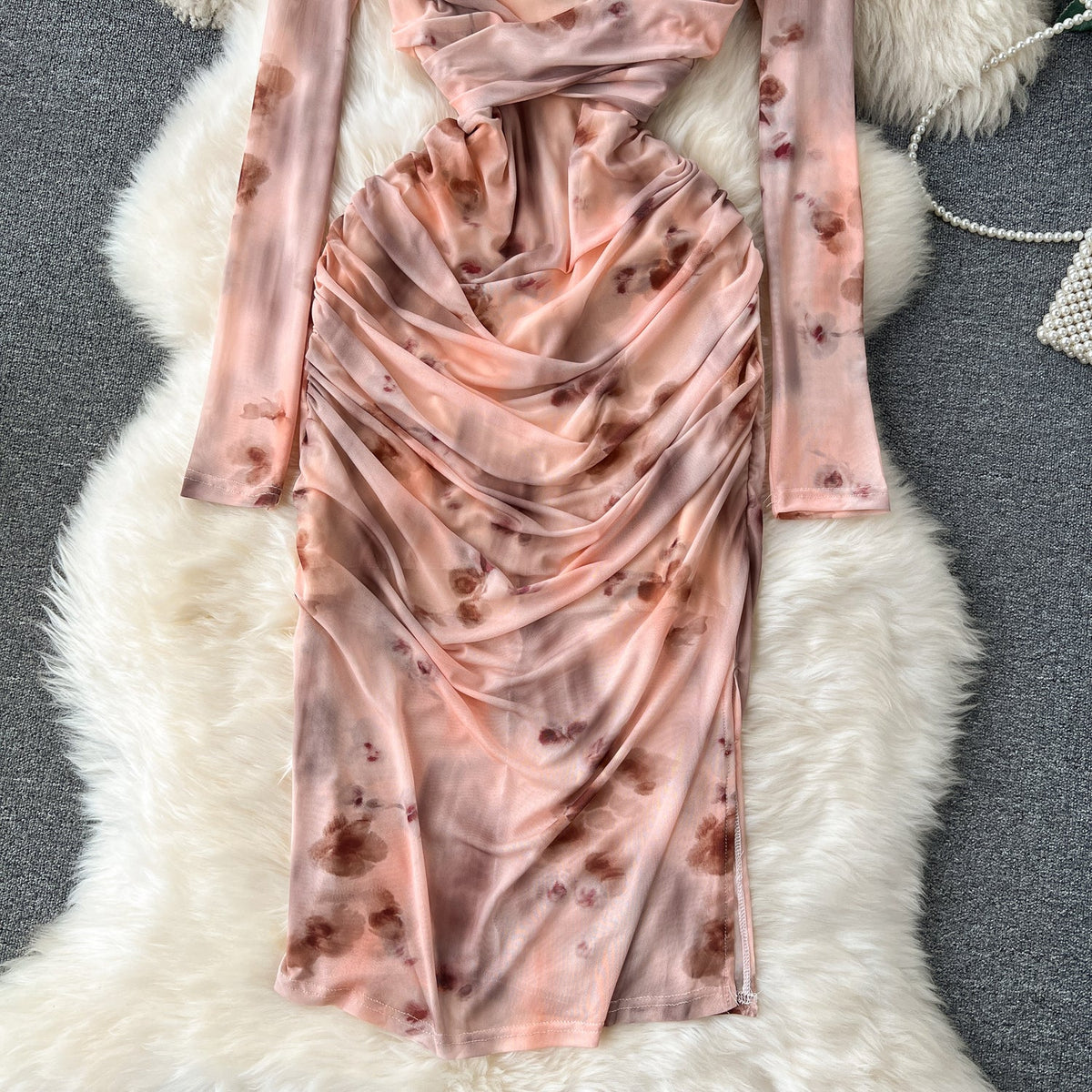 V-neck Pleated Tie-dye Printed Dress