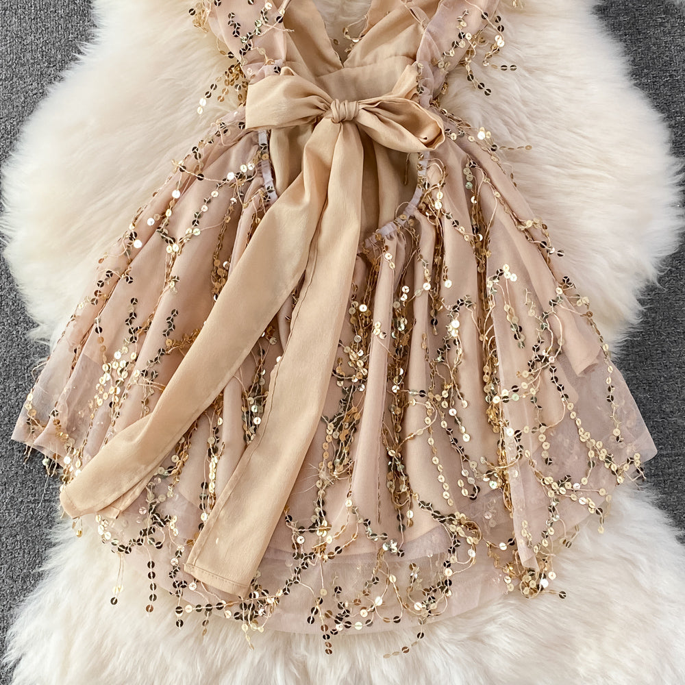 V-neck Backless Sequin Slip Dress