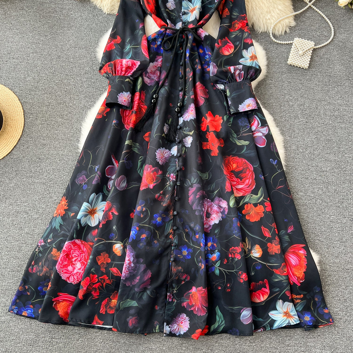 Floral Printed Single-breasted Shirt Dress