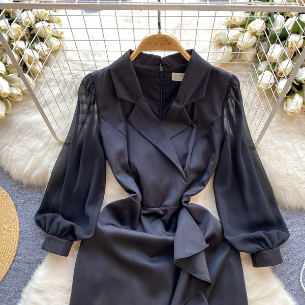 Suit Collar Ruffled Black Dress