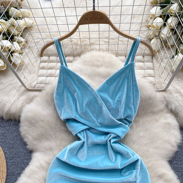 High-end Wathet Velvet Slip Dress