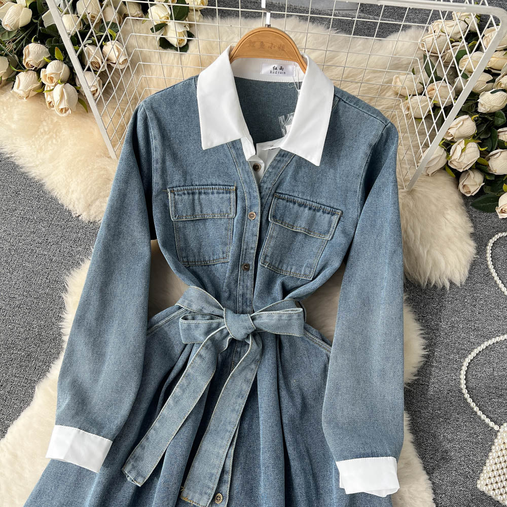 Patchwork Lapeled Denim Shirt Dress