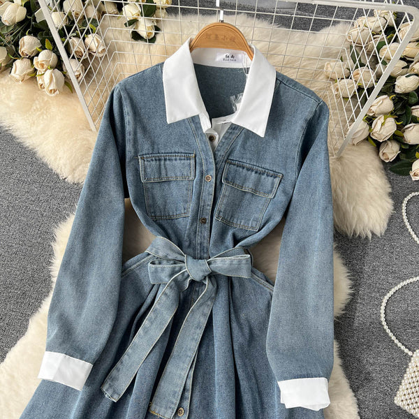 Patchwork Lapeled Denim Shirt Dress