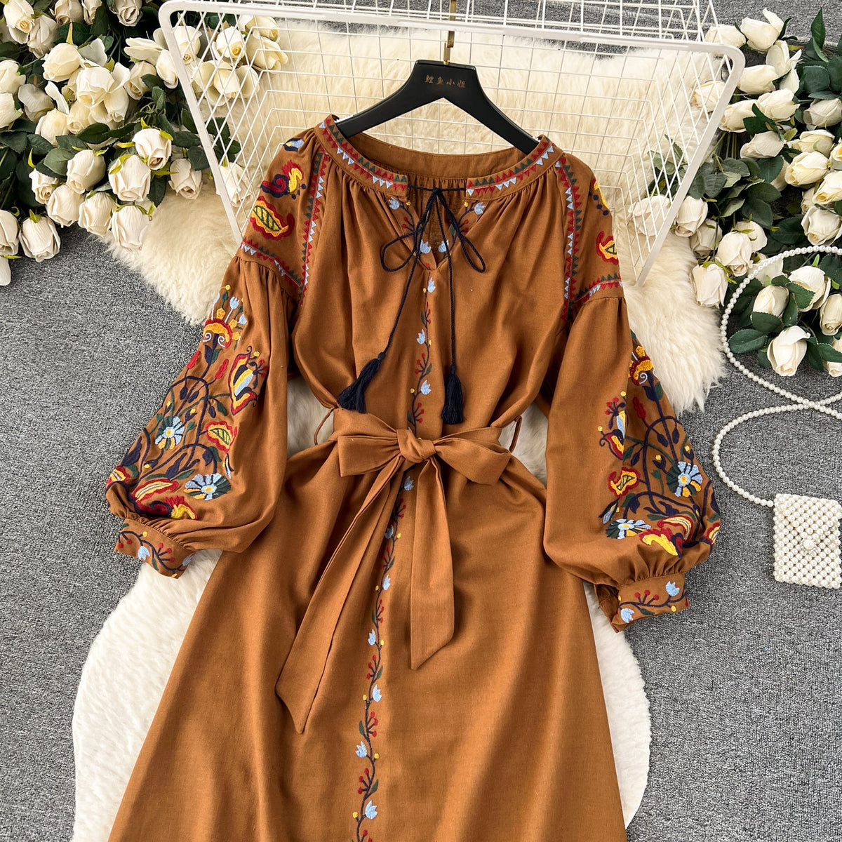 Bohemia Lace-up Embroidered Floral Dress