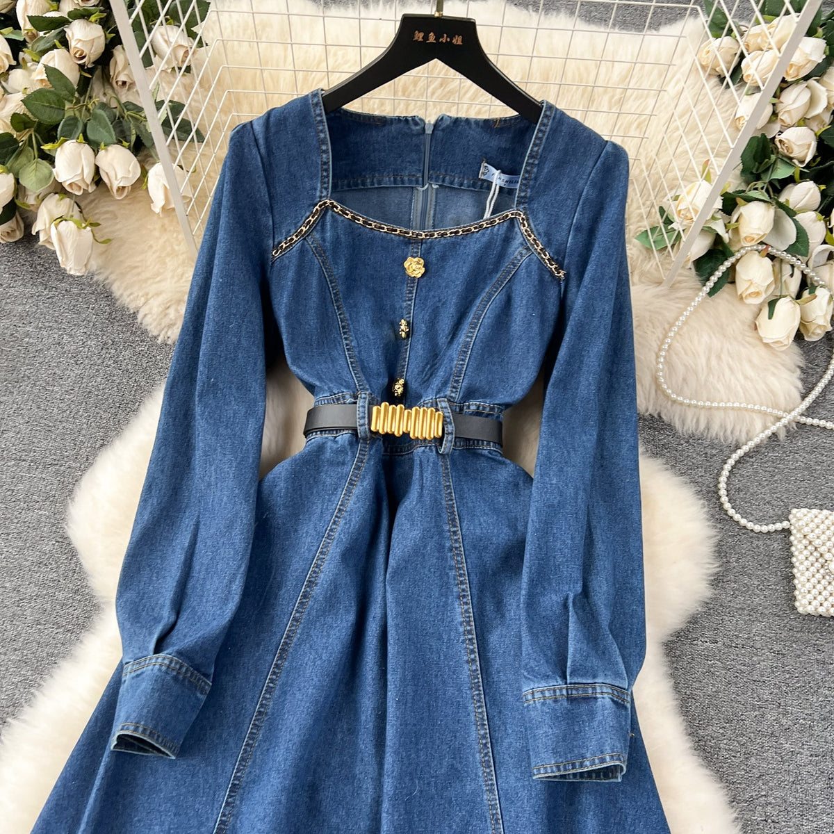 Vintage Square Collar Denim Dress