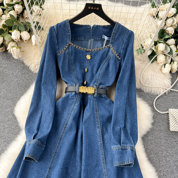 Vintage Square Collar Denim Dress