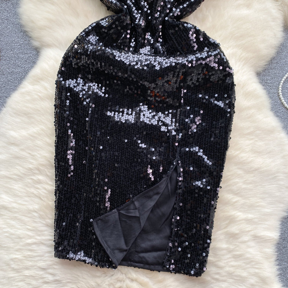 Sequined Mesh Halter Black Dress