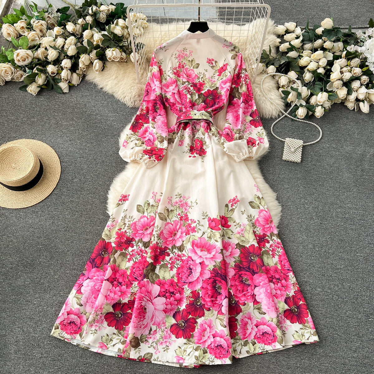 French Style Puffy Sleeve Floral Dress