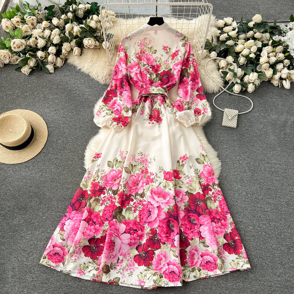 French Style Puffy Sleeve Floral Dress