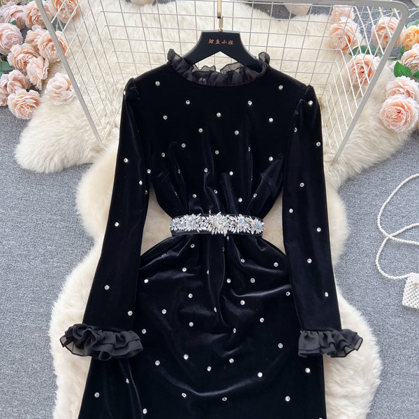 Vintage Beaded Ruffled Velvet Dress