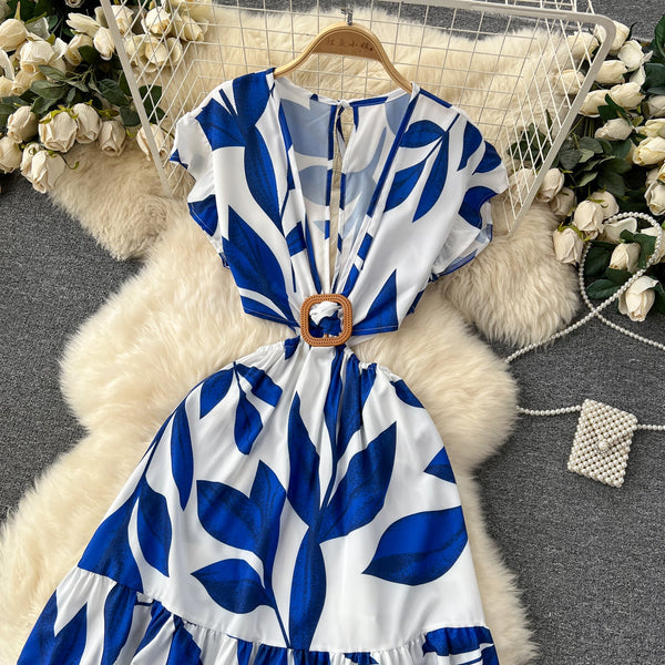 V-neck Hollowed Floral Chiffon Dress