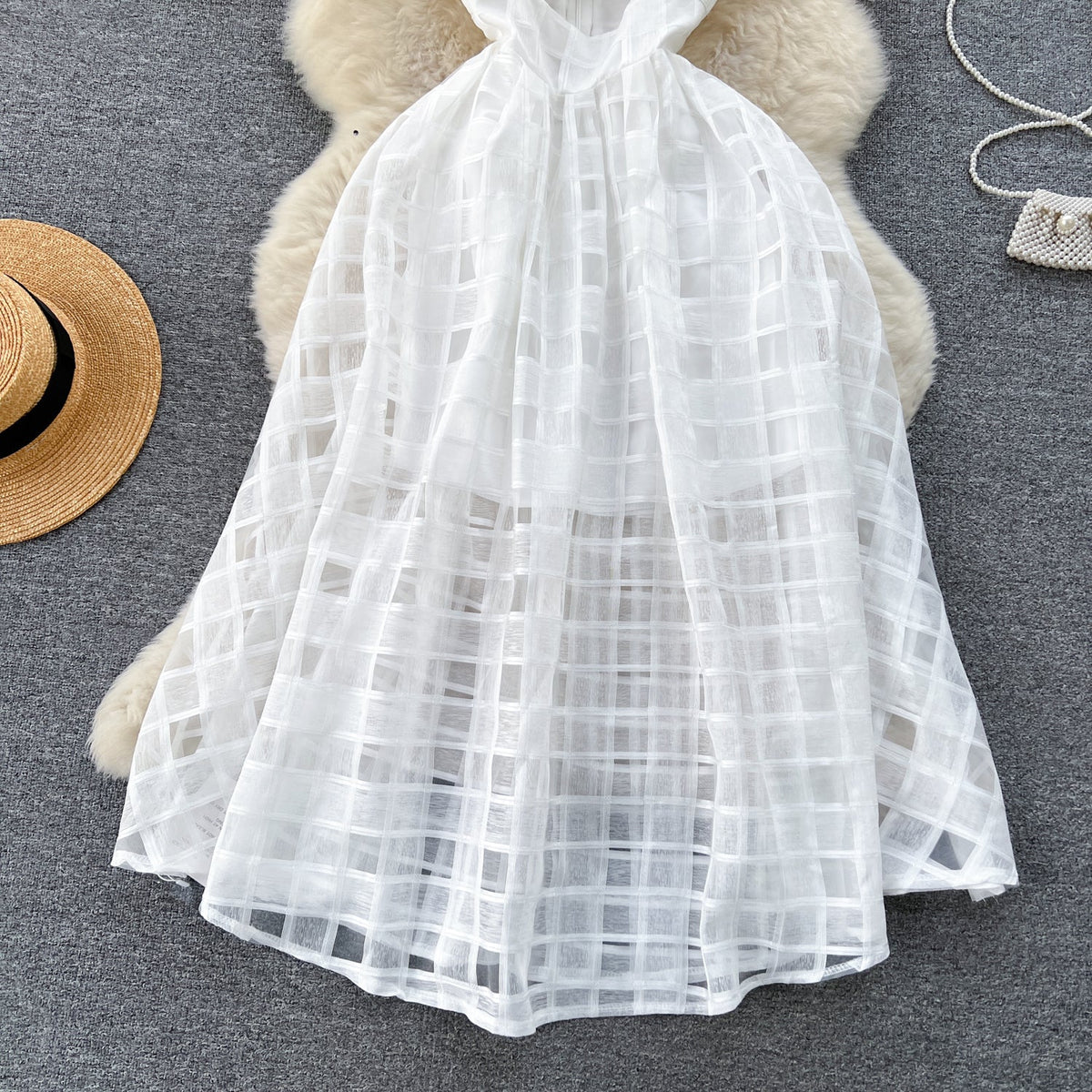 Hollowed Plaid White Halter Dress