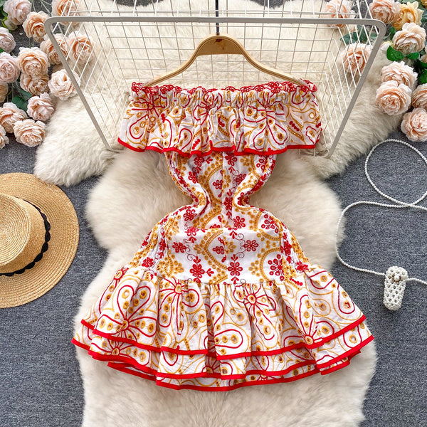 Off-shoulder Ruffled Printed Dress