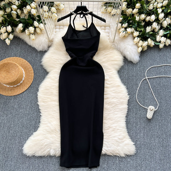 Simple Design Beaded Halter Dress