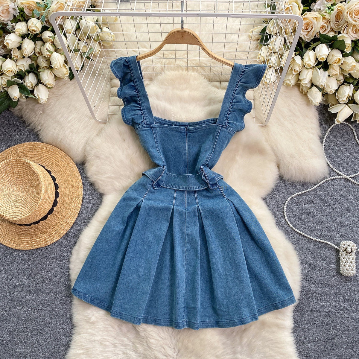 Vintage Ruffle Sleeve Denim Dress