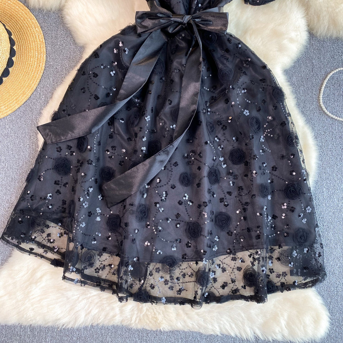 Delicate Sequined Lace-up Black Dress