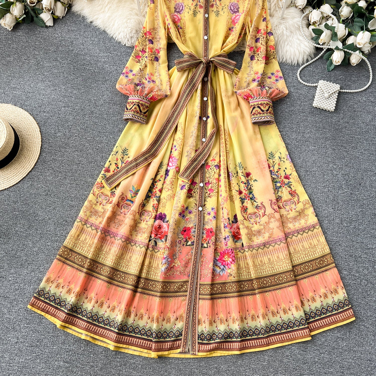 Vintage Lace-up Printed Shirt Dress