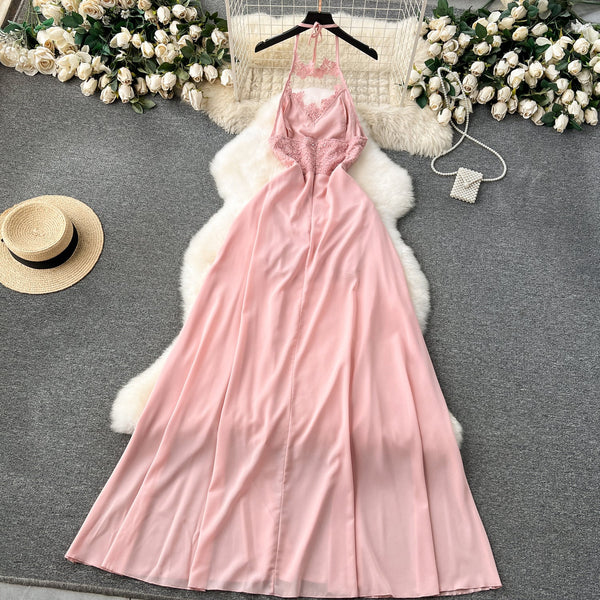 Embroidered Backless Split Halter Dress