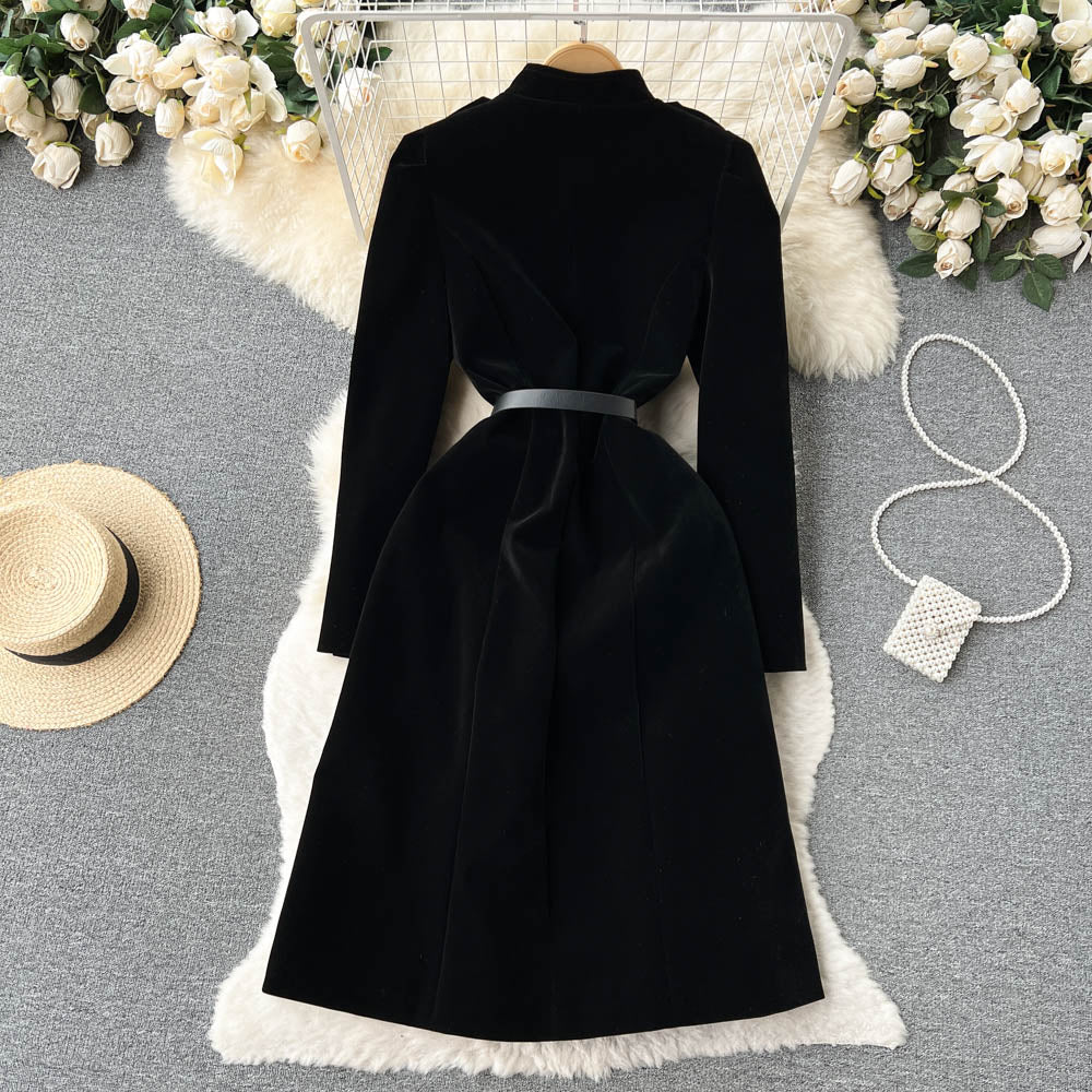 Vintage Single-breasted Black Velvet Dress