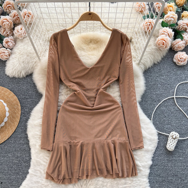 V-neck Pleated Mesh Short Dress
