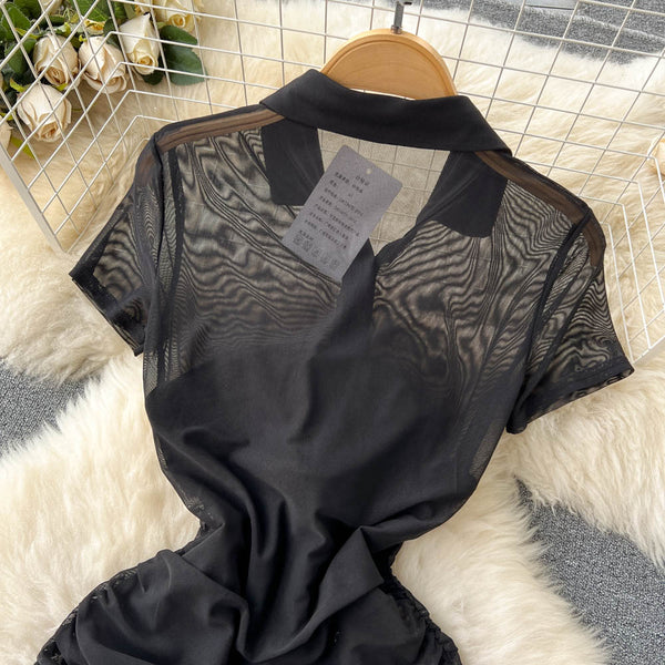 Turtleneck Mesh Dress&Bottom Bustier 2Pcs