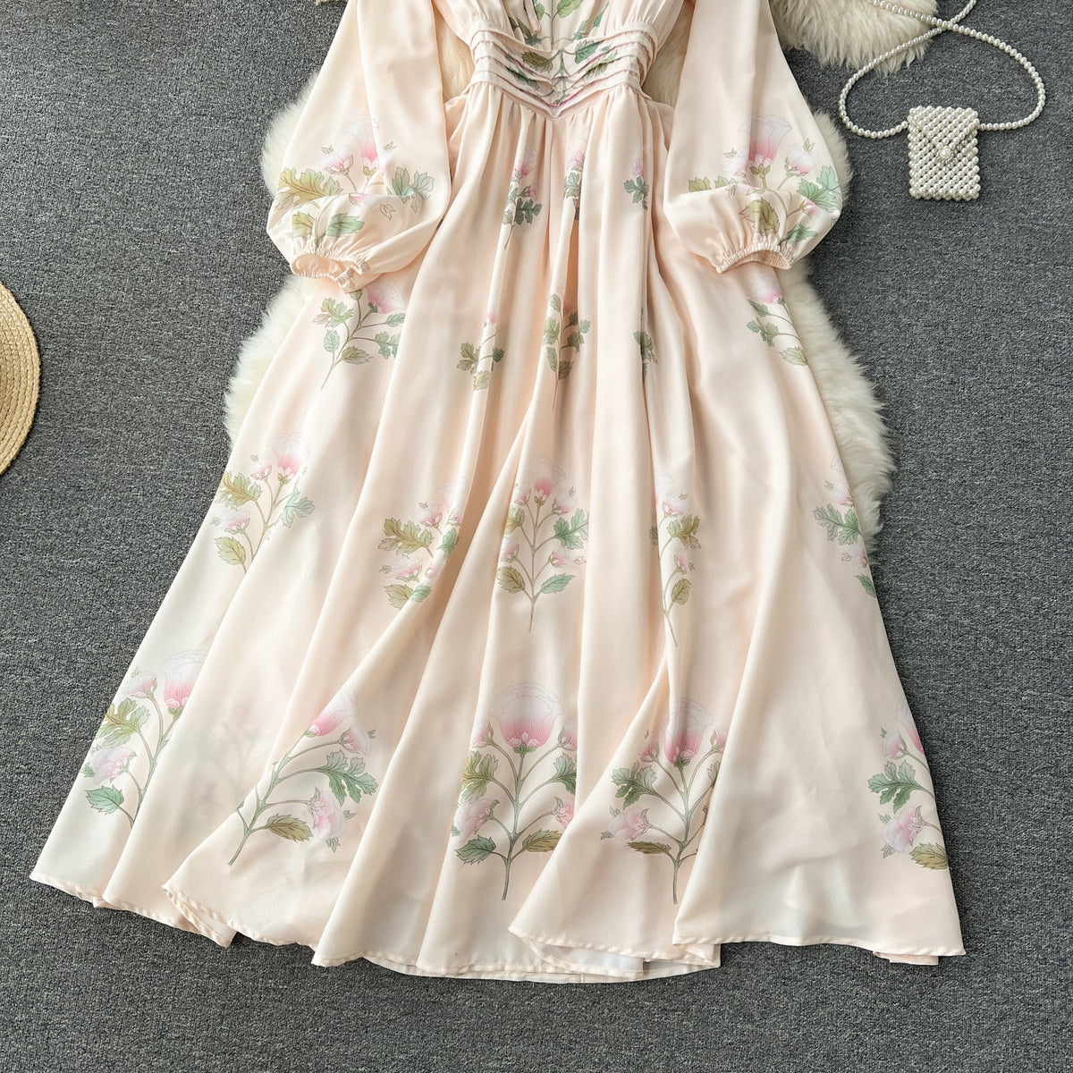 Courtly Pleated Floral Printed Dress
