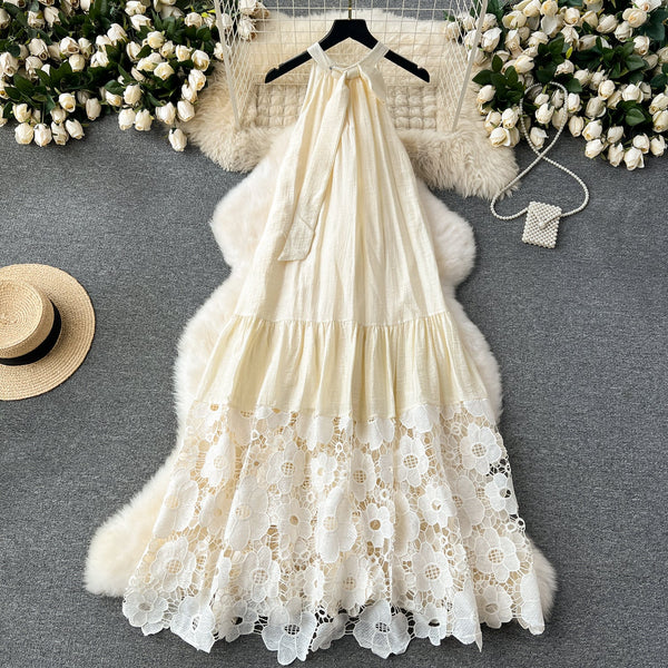 Niche Embroidered Lace-up Halter Dress