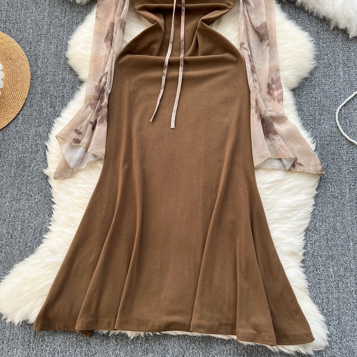 Mesh Patchwork Fishtail Brown Dress