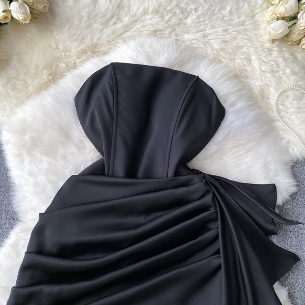Kırışık Ruffle Siyah Elbise