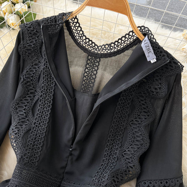 French Style Lace Patchwork Black Dress