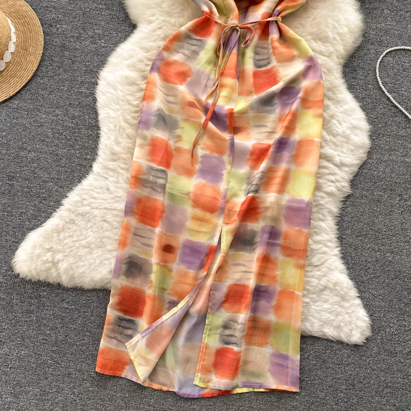 Niche Colorful Plaid Sleeveless Halter Dress