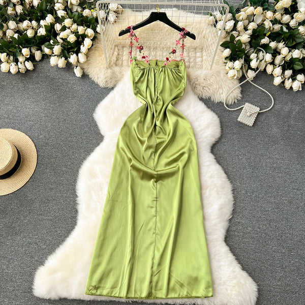 Embroidered Flower Satin Slip Dress