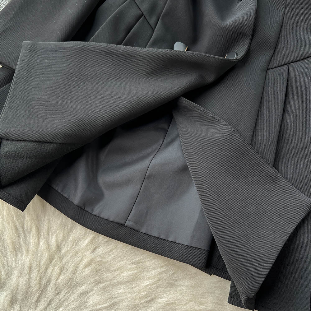 Lapeled Pleated Black Suit Dress